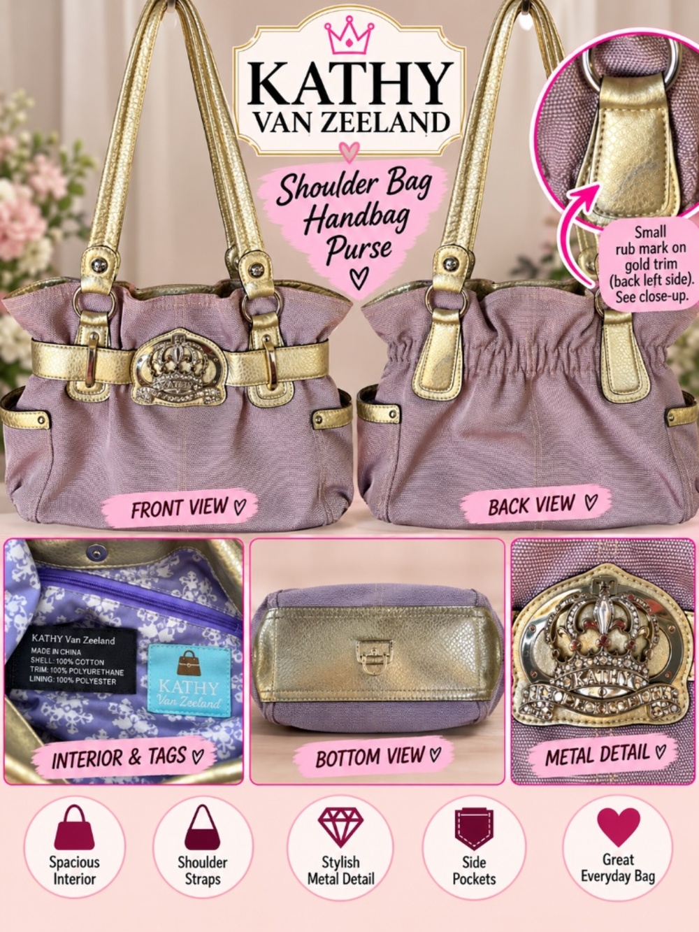 Kathy Van Zeeland Y2K Mauve Gold Crown Shoulder Purse/Bag 👑✨